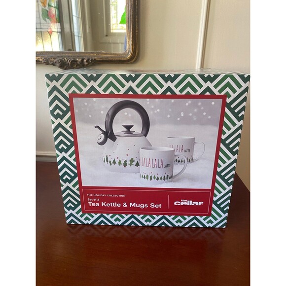 The Cellar Holiday Christmas Enamel Tea Kettle Stoneware Mug Set Host Gift NWT - Picture 12 of 12